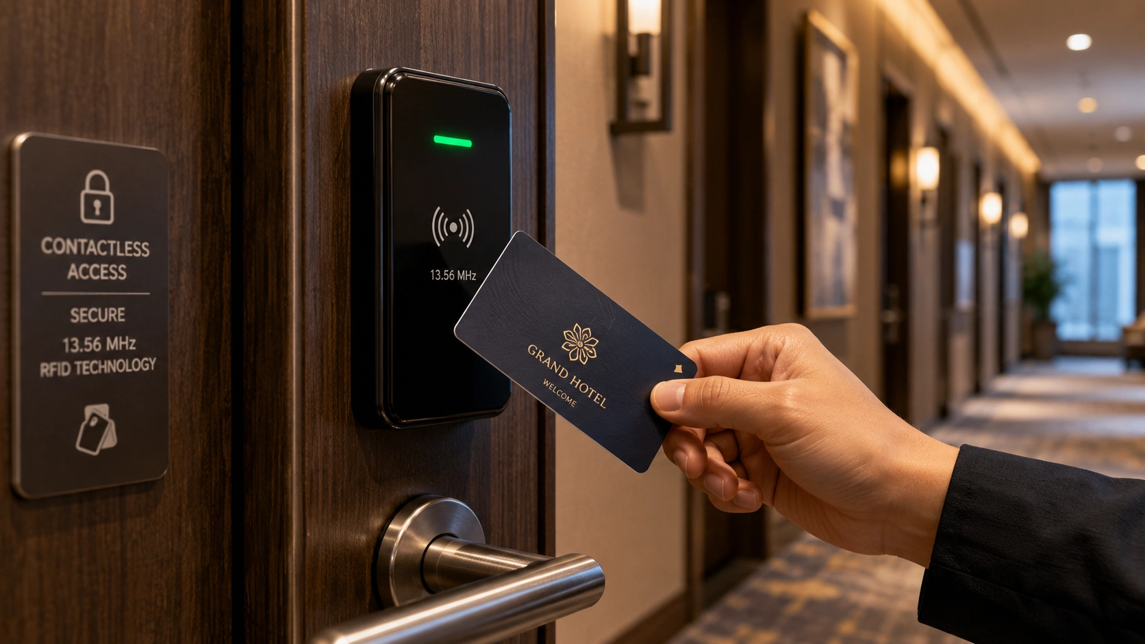 An RFID hotel key card being tapped against a modern contactless electronic door lock reader in a hotel corridor, showcasing secure 13.56 MHz proximity access technology An RFID hotel key card being tapped against a modern contactless electronic door lock reader in a hotel corridor, showcasing secure 13.56 MHz proximity access technology